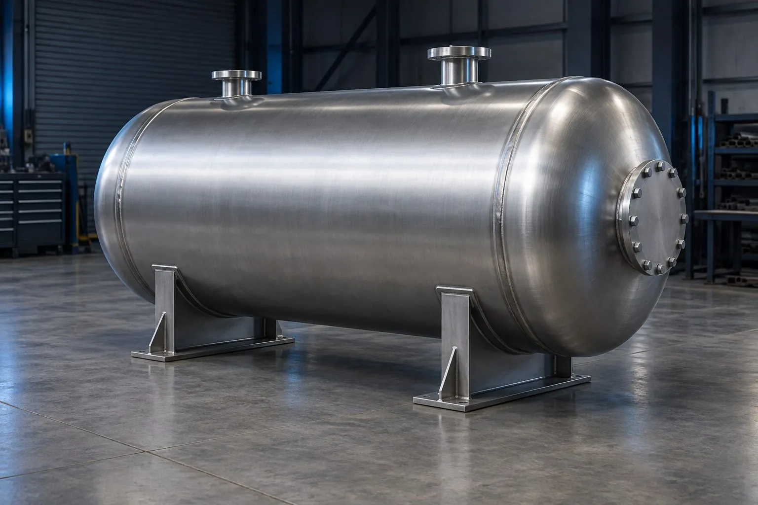 Horizontal stainless steel pressure vessel on saddles