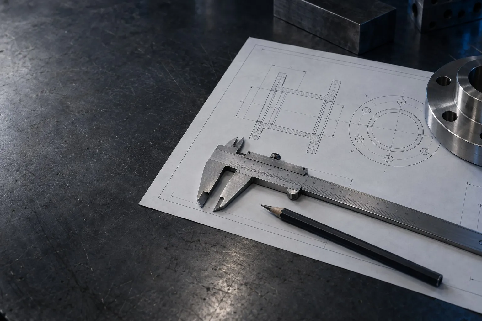 Drawings, a caliper and a flange on a workbench