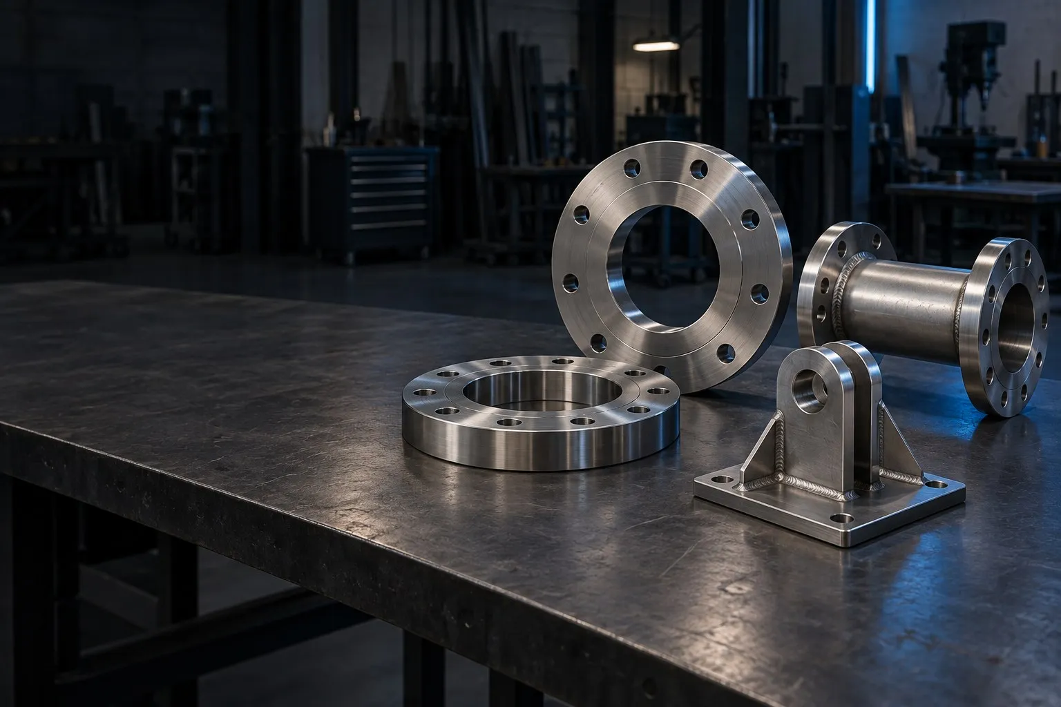 Flanges, a pipe spool and a fabricated bracket on a workbench