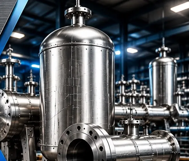 Stainless steel vessels and flanged piping, from the T&T business card artwork